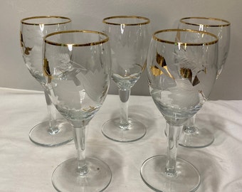 Gold Rim Etched Dessert Wine Glasses - set of 5