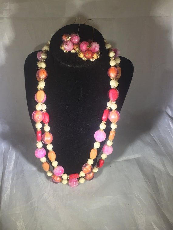 Vintage Double Strand Necklace and Clip Earrings … - image 1