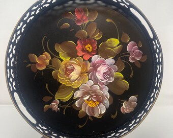 Vintage Toleware Handpainted Tray/Gold Floral Painted Metal Tray 