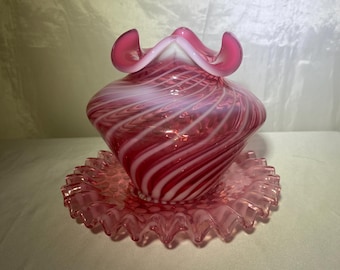 Vintage 1940s Fenton Opalescent Cranberry Spiral Swirl