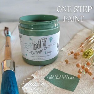 May include: A jar of green DIY Cottage Color 1-Step artisan furniture paint. The label includes the text "All in One Paint" and "8 oz. 236 ml". A paintbrush with a blue brush head and the word "Juniper" are also visible.