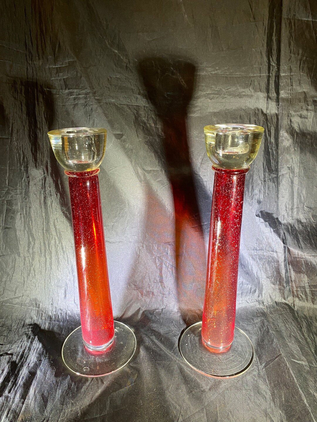 Red Art Glass Candle Sticks Pair Etsy