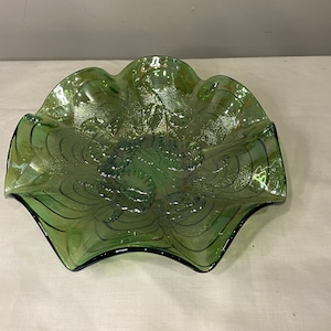 Imperial Glass Green Carnival Glass Pansy Bowl