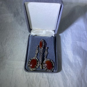 Carnelian and Marcasite Earrings & Stick Pin