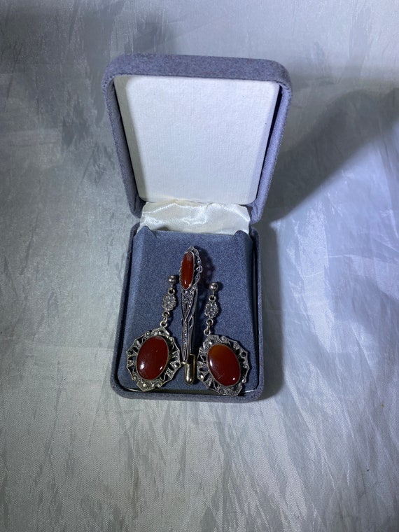 Carnelian and Marcasite Earrings & Stick Pin - image 1