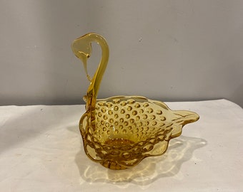 Amber Hobnail Glass Swan Candy Dish