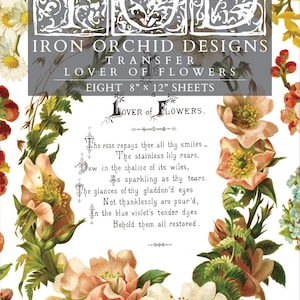 Puede incluir: Una hoja de diseños de transferencia de hierro con un motivo floral y un poema sobre las flores. El texto dice "Lover of Flowers. The rose repays thee all thy smiles - The stainless lily rears, Dew in the chalice of its wiles, As sparkling as thy tears. The glances of thy gladden'd eyes Not thanklessly are pour'd, In the blue violet's tender dyes Behold them all restored."