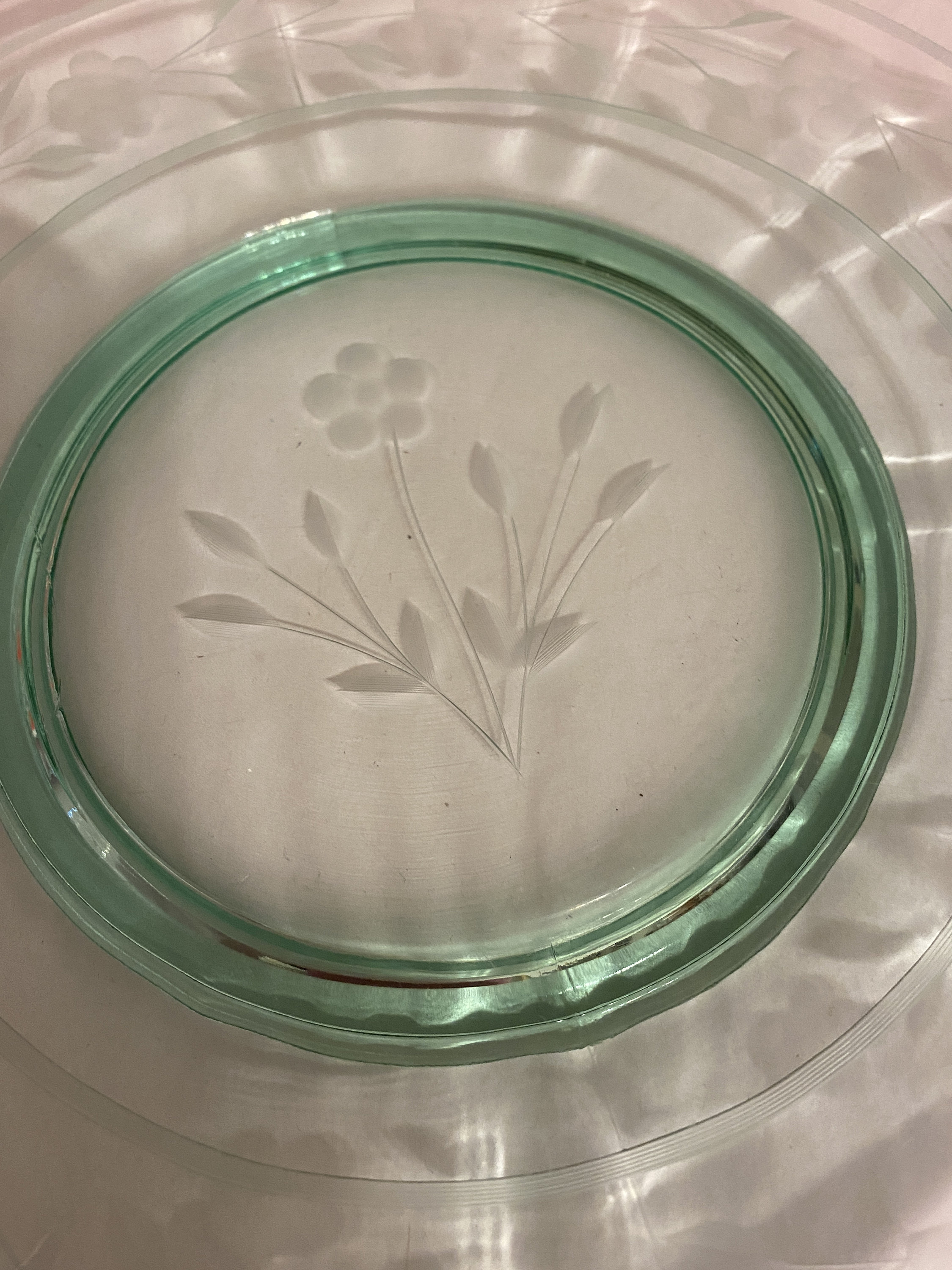 Green Vaseline Glass Etched Platter Etsy