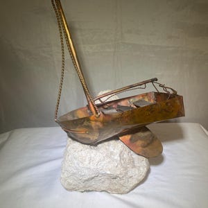 Copper Sailboat on Rock Sculpture