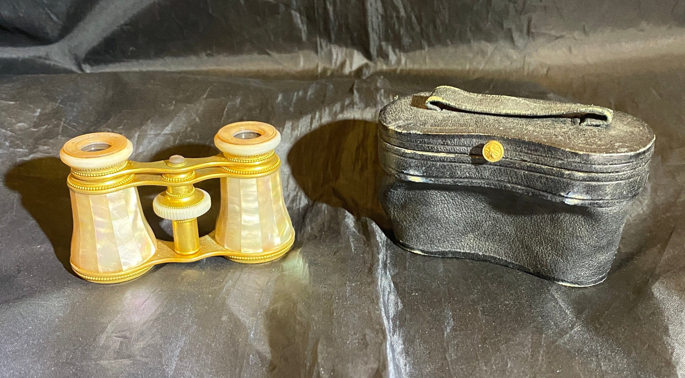 Vintage Mother-of-Pearl Inlay Opera Glasses w Case Estate sale find. Mother of pearl opera glasses and lighter  main image 4