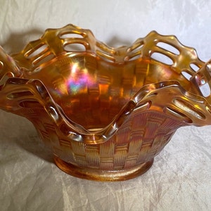 Fenton Marigold Carnival Glass Basket Weave Candy Dish