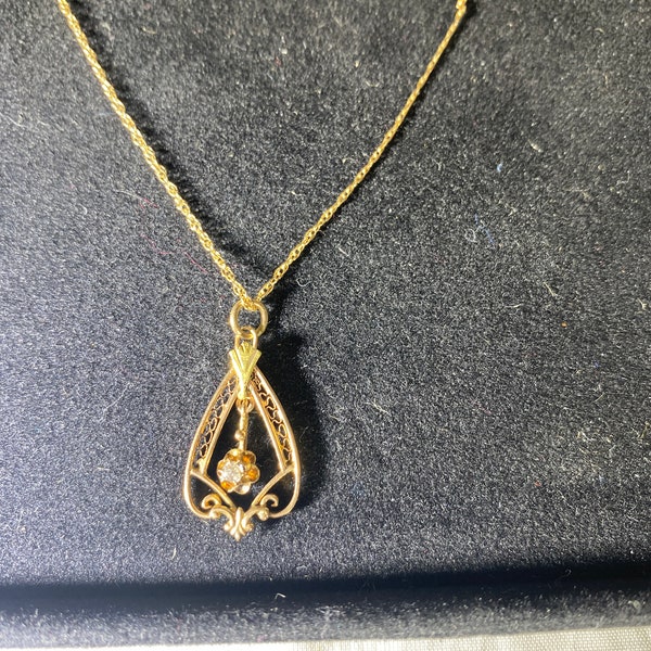 Antique Gold and Diamond Lavalier w/14K Gold Chain - c. 1920s