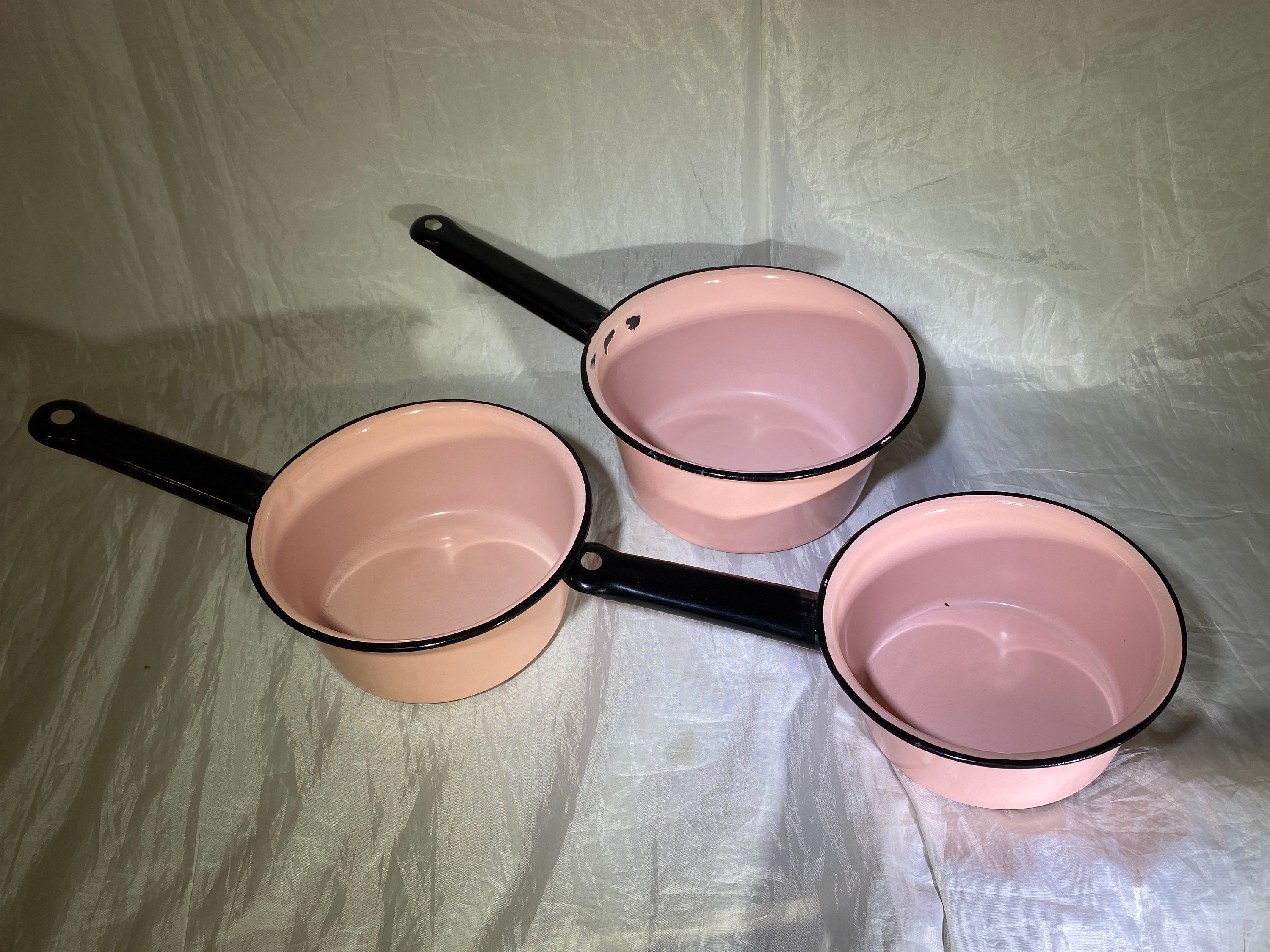 Vintage Pink Enamel Ware Sauce Pans Set of 3 