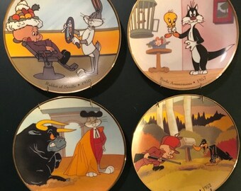 1992 Warner Brothers Looney Tunes 4 Plate Set Bugs Bunny W/hangers