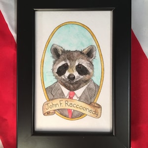 John F Raccoonedy / Animal Pun Illustration / Watercolor & Ink / PreZOOdents / John F Kennedy