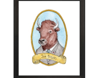 Joe Bison / Animal Pun Illustration / Watercolor & Ink / PreZOOdents / Joe Biden