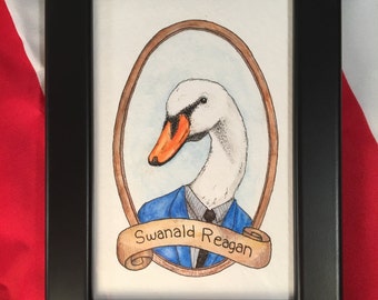 Swanald Reagan / Ilustración de juegos de palabras con animales / Acuarela y tinta / PreZOOdents / Ronald Reagan