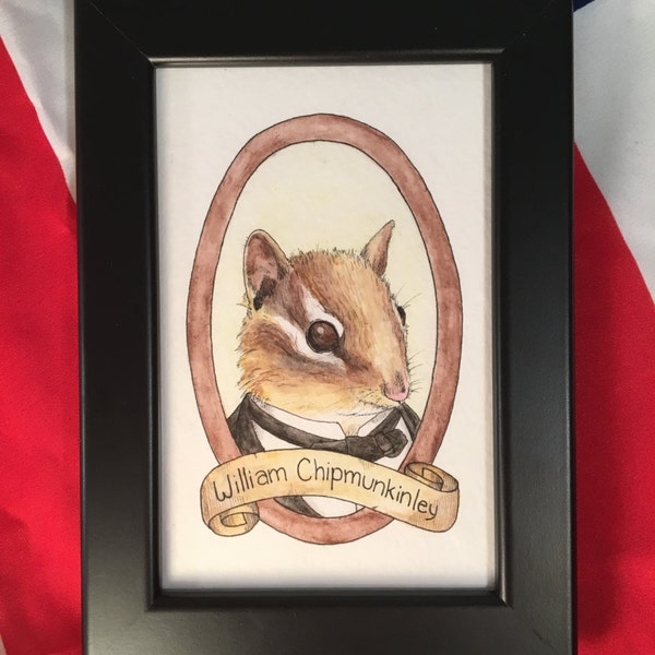 William Chipmunkinley / Animal Pun Illustration / Watercolor & Ink / PreZOOdents / William McKinley