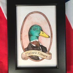 Mallard Fillmore / Animal Pun Illustration / Watercolor & Ink / PreZOOdents / Millard Fillmore