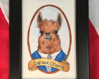Barack Ollama / Animal Pun Illustration / Watercolor & Ink / PreZOOdents / Barack Obama