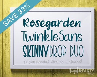 Handwriting font bundle + Commercial License! | Handlettered font bundle, hand drawn font bundle, Rosegarden, TwinkleSans and SkinnyDrop Duo
