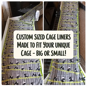 May include: A grey fabric cage liner featuring a repeating pattern of black and white pandas on green bamboo stalks, placed inside a wire animal enclosure. The text reads: CUSTOM SIZED CAGE LINERS MADE TO FIT YOUR UNIQUE CAGE - BIG OR SMALL!