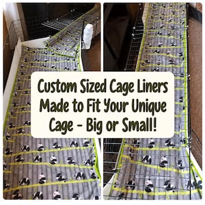 May include: A fabric cage liner with a gray background featuring a repeating pattern of black and white pandas on green bamboo stalks. The text on the image reads: Custom Sized Cage Liners Made to Fit Your Unique Cage - Big or Small!