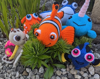 PDF Knitting Patterns - Nemo, Baby Dory, Squirt the Turtle, Hank the Octopus, Baby Narwhal and Mr Ray the Stingray - Under the Sea Toys