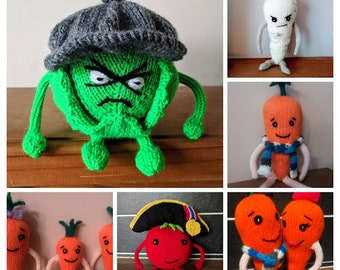 PDF Knitting Patterns - Russell Sprout, Kevin and Katie the Carrot, Carrot children, Pascal the Parsnip and Tiny Tom - Aldi - Worked Flat