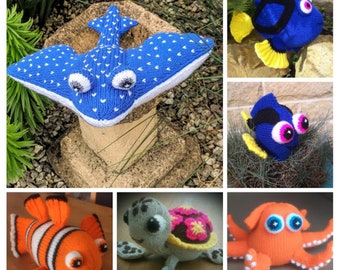 PDF Knitting Patterns - Mr Ray, Nemo, Squirt the Turtle, Hank The Octopus, Baby Dory and Dory - Finding Nemo - Finding Dory - Worked Flat