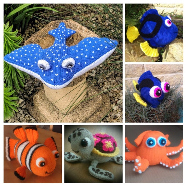 PDF Knitting Patterns - Mr Ray, Nemo, Squirt the Turtle, Hank The Octopus, Baby Dory and Dory - Finding Nemo - Finding Dory - Worked Flat