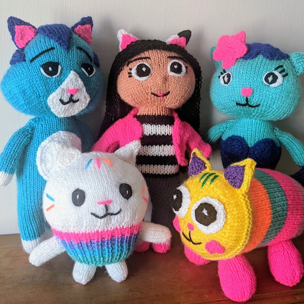 PDF Knitting Patterns - Gabby's Dollhouse - Gabby Doll, Mercat, Catrat, Cakey Cat, Pillow Cat - worked flat