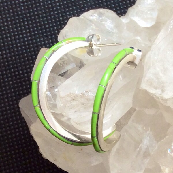 Native American Indian Jewelry Sterling Silver Genuine Gaspeite Inlay Hoop Earrings