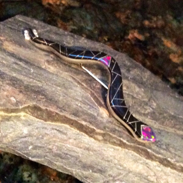 Signed Native American Indian Jewelry Sterling Silver Snake Pendant Brooch Black Onyx Inlay with Fire Opal