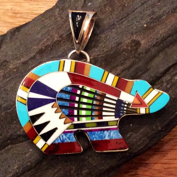 Native American Indian Jewelry Sterling Silver Micro Inlay Pendant Navajo Yei Bear Pendant Signed