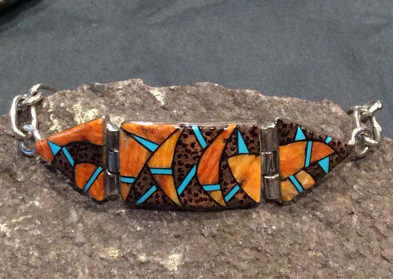 Native American Indian Jewelry Sterling Silver Spiny Oyster and Turquoise Bracelet