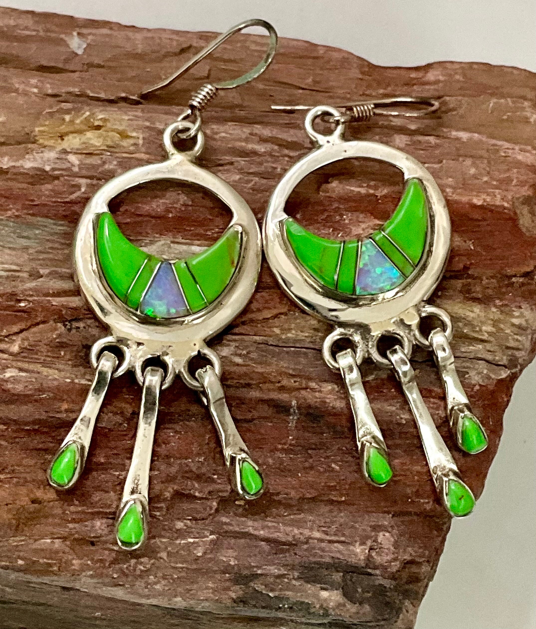 Exquisite Native American Navajo Gaspeite Opal Sterling Silver Large Spiral Earrings Exquisite Native American Navajo Gaspeite Opal Sterling Silver Large Spiral Earrings