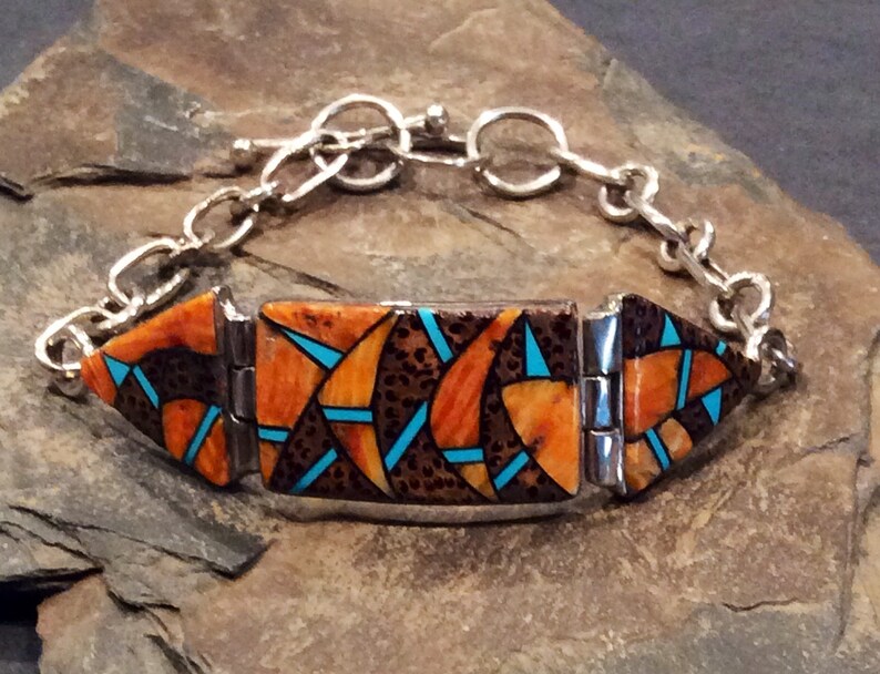 Native American Indian Jewelry Sterling Silver Spiny Oyster and Turquoise Bracelet