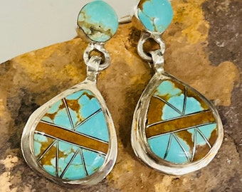 Vintage Mine 8 Turquoise Sterling Silver Hand Crafted Native Indian Signed Earrings