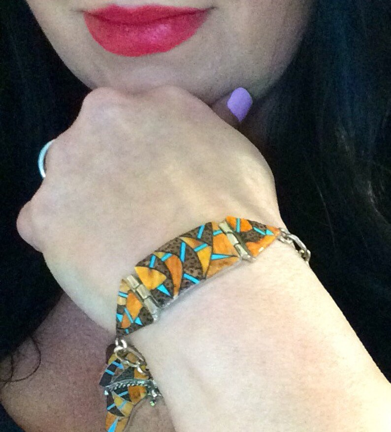 Native American Indian Jewelry Sterling Silver Spiny Oyster and Turquoise Bracelet
