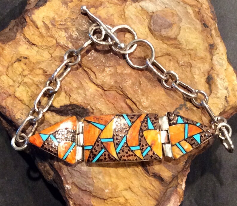 Native American Indian Jewelry Sterling Silver Spiny Oyster and Turquoise Bracelet