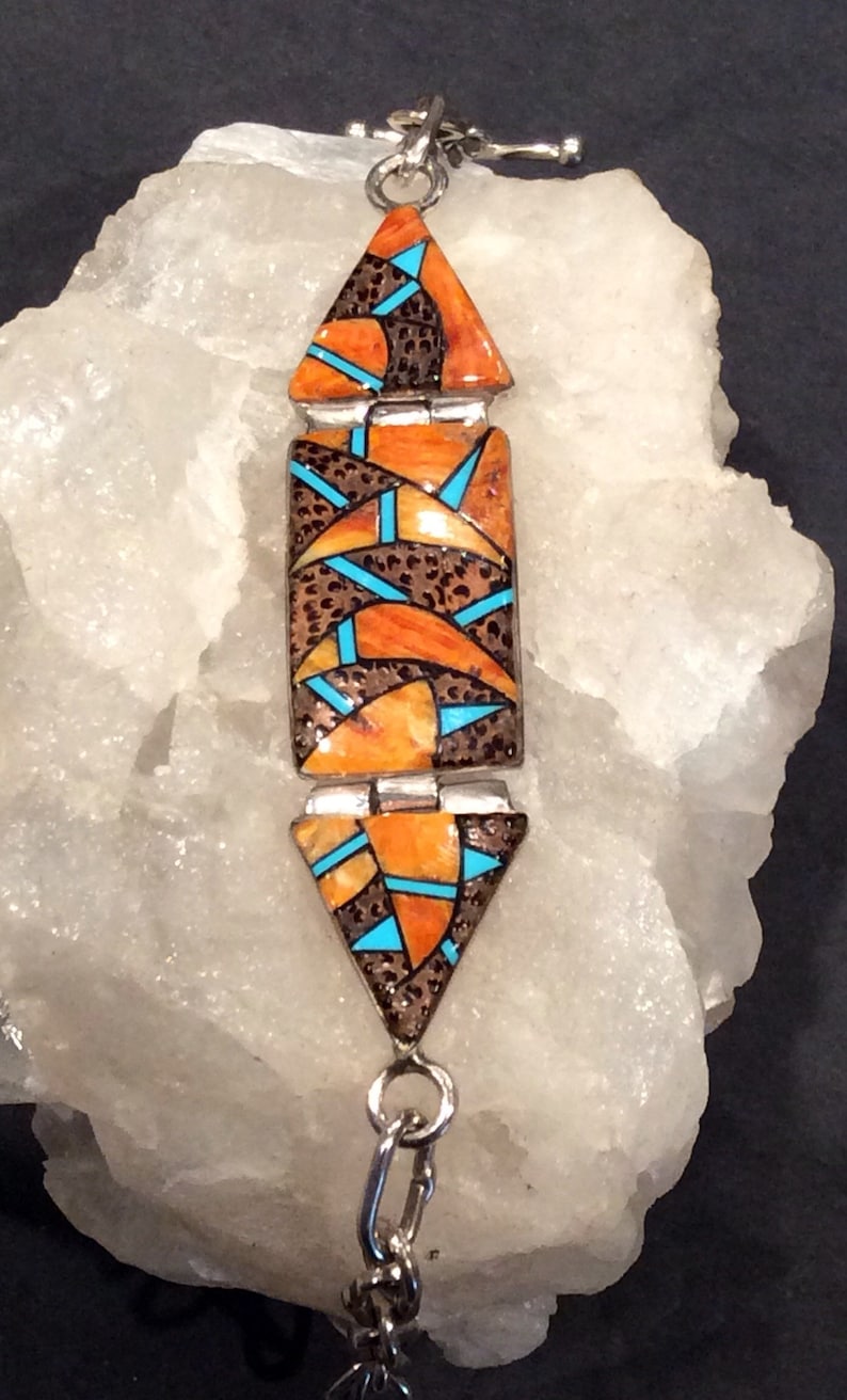 Native American Indian Jewelry Sterling Silver Spiny Oyster and Turquoise Bracelet