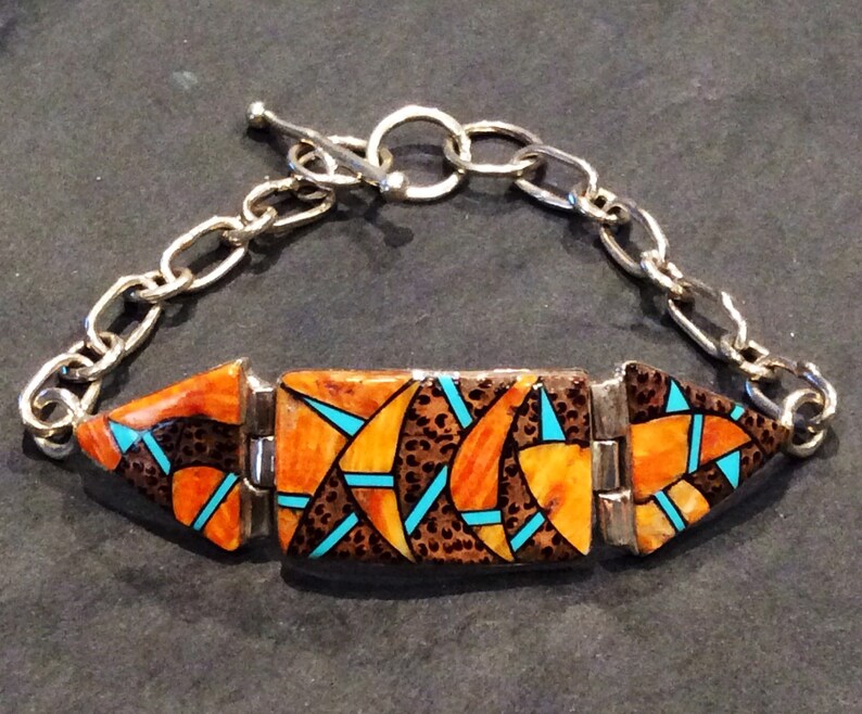 Native American Indian Jewelry Sterling Silver Spiny Oyster and Turquoise Bracelet
