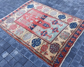 4'x5'3''Ft,Vintage Rug,Oushak Rug,Turkish Rug,Area Rug,Antique Rug,Hand Woven Rug,Blue Color Rug,Bohomian Rug,Oriental Rug,Ottoman Rug,Rugs,