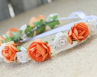 Orange Bridal Flower Halo, Orange and White Flower Crown, Floral Halo, Wedding Hair Piece, Floral Garland, Bridesmaid Garland