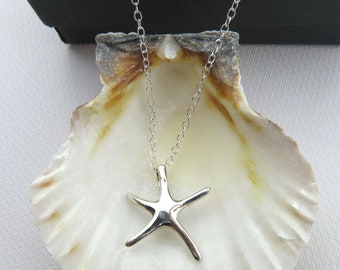 Sterling Silver Starfish Necklace, Ocean Pendant, 16" rolo Chain