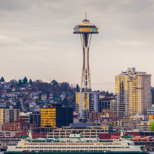 SEATTLE Space Needle and Ferry Photograph, Washington Wall Art Print,  City Photo Art, Seattle Print, Seattle Landmark, Ferry