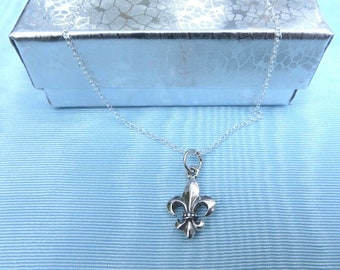 Sterling Silver Fleur de Lis Necklace, 16 inch Rolo Chain