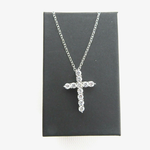 Sterling Silver CZ Cross Necklace, Cubic Zirconia Cross, Silver Cross Necklace, Silver Pendant, 16" Silver Chain, Religious Necklace, Gift