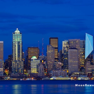 SEATTLE At Night Photo print, Skyscrapers Photo, Washington Wall Art Print,  City Photo Art, Seattle Print, Puget Sound Reflections